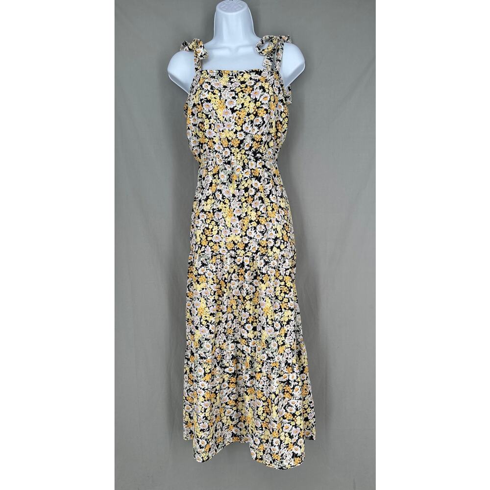 Social Standard Dress Womens Medium Black Floral Maxi Yellow Tiered Cottage Boho
